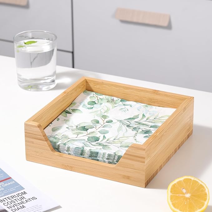 Bamboo Napkin Holder, 7.36" x 7.36" x 2.16" Napkin Holder for Table with Large Side Opening for Easy Access, Large Storage Square Napkin Dispenser, Home Kitchen Dining Tabletop Decor