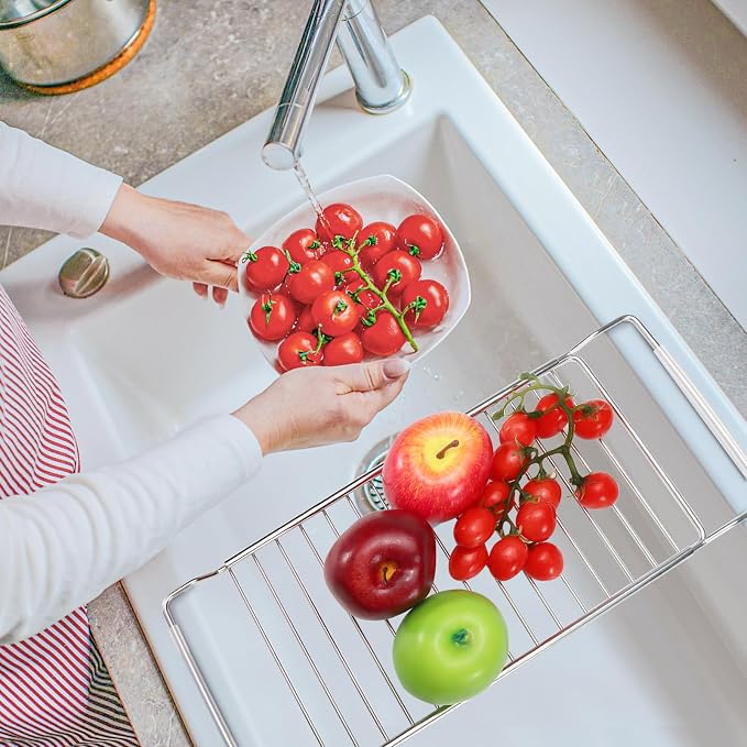 Expandable Over The Sink Dish Drainer Drying Rack, Stainless Steel Telescopic Sink Storage Rack, Kitchen Sink Caddy Organizer Sponge Holder