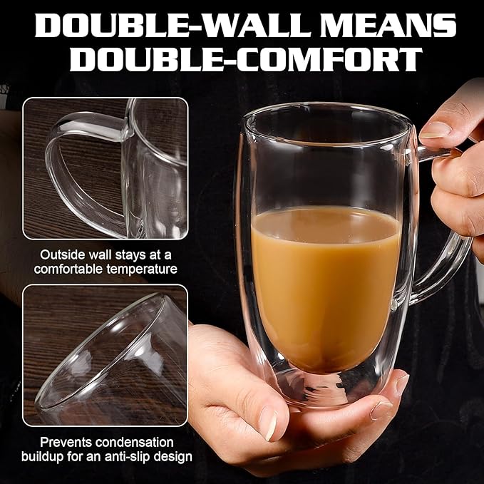 Clear Glass Double Wall Insulated Round Coffee Mugs Set of 2 Pieces - Large Size 16oz Best Reusable Coffee Mug for Home Cafe Restaurant Perfect for Espresso Capucinno Lungo Latte Coffee