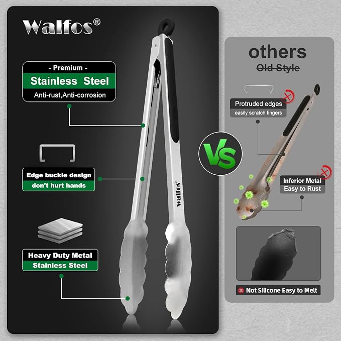 Food Grade Stainless Steel Kitchen Tongs for Cooking,BBQ - 7 ,9 and 12 Inch,Set of 3 Heavy Duty Locking Metal Food Tongs Non-Slip Grip