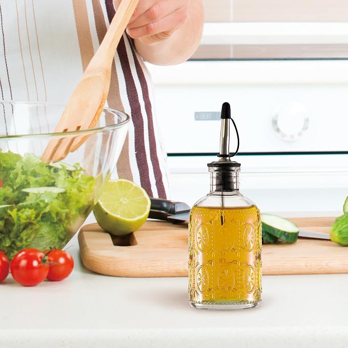 Retro Glass Syrup Dispenser Bottle 7oz, Oil and Vinegar Cruet with Stainless Steel Pour Spout, Labels, Funnel & Stopper(Antique Daisy)