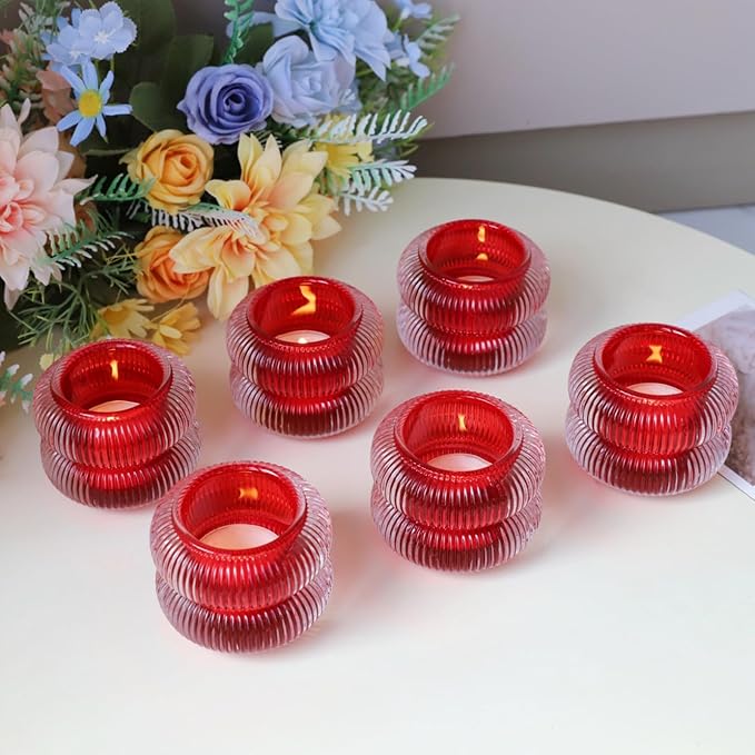 Woho Ribbed Glass Votive Candle Holders Set of 6, Red Tealight Candle Holder for Wedding Table Decor, Vintage Tea Lights Candle Holder for Christmas/Valentines Day Decorations (Red, 2.1" H X 2.75" D)