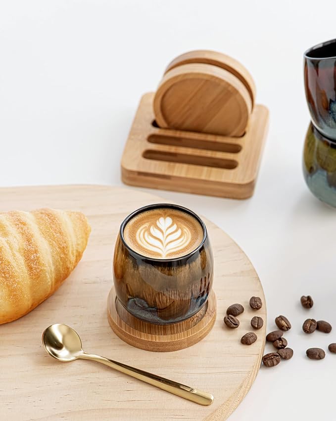 2.7 Oz Mini Espresso Cups Set of 4, Colorful Ceramic Demitasse Cups with Bamboo Coasters & Spoons, Unique Glaze Mugs for Turkish Coffee, Macchiato, Espresso Martini, Dishwasher & Microwave Safe