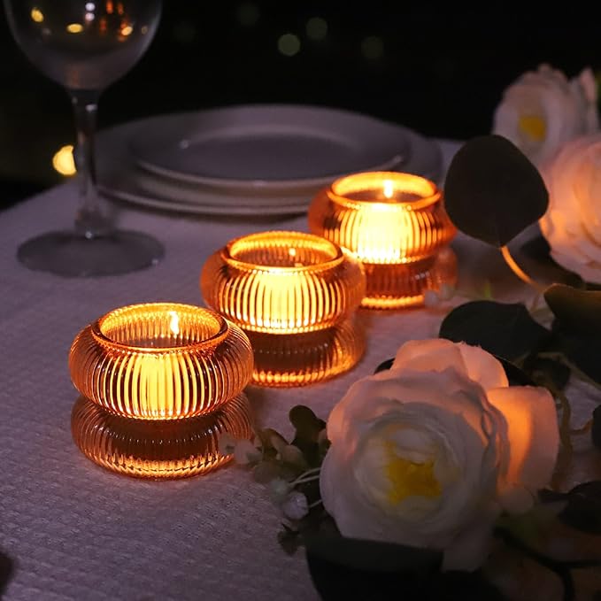 Woho Ribbed Amber Votive Candle Holders Set of 12 for Wedding Table, Vintage Glass Tealight Candle Holder for Fall Decor, Boho Tea Lights Candle Holder for Thanksgiving (Brown, 2.1" H X 2.75" D)