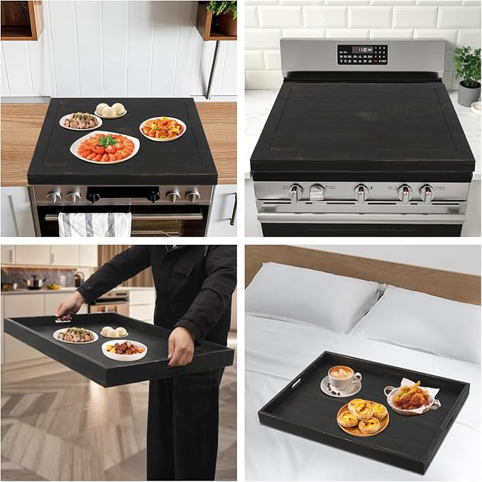 Noodle Board, 30x22in Pine Wood Stove Top Cover, Vintage Countertop Protector for 30" Stoves, Kitchen Serving Tray w/Cut-out Handles, Extra Workspace Sink Cover, Cutting Board Hold 44 lbs, Black