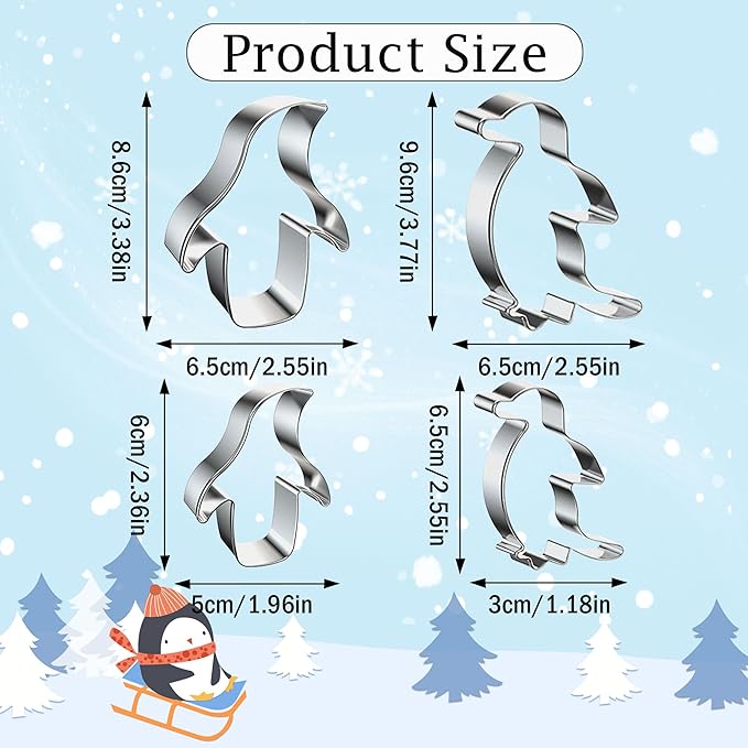 4 Pcs Penguin Cookie Cutters Set, Stainless Steel Arctic Animal Cookie Cutters Shapes Penguin Biscuit Cutters Molds for Baking Homemade Treats Birthday Party Supplies