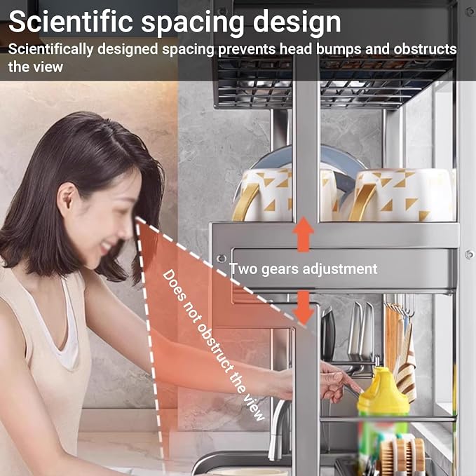 Over The Sink Dish Drying Rack, 304 Stainless Steel 2 Tier Racks, Multifunctional Kitchen Storage Organizers, for Dishes, Glasses, Bowls & Cutlery(76cm/29.9in)