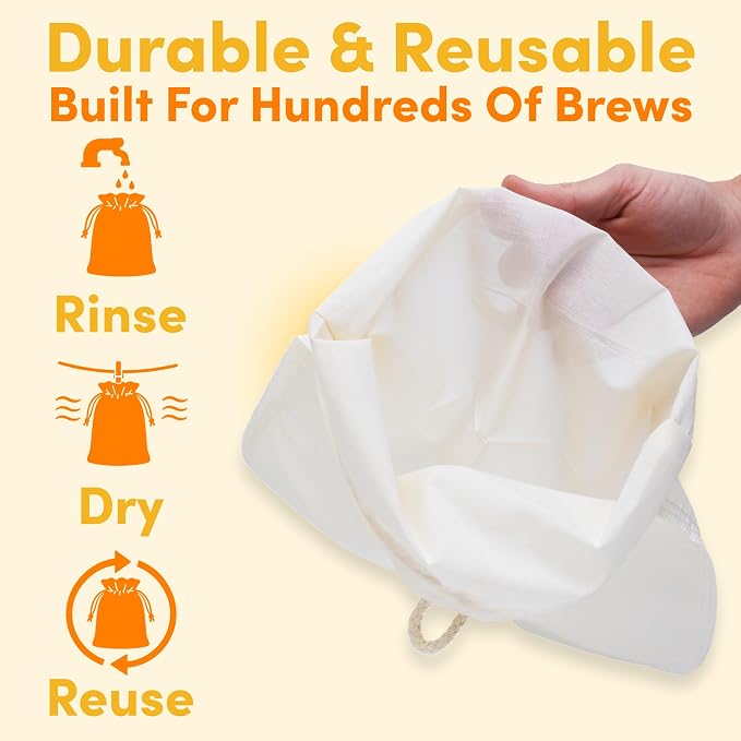 (2-Pack, Large 12in x 12in) Cold Brew Coffee Filter Bag for Mason Jar, Reusable, 100% Organic Cotton Cloth with Drawstrings, For Straining Coffee, Tea, Nuts, Milk, Cheese, 2 Pack