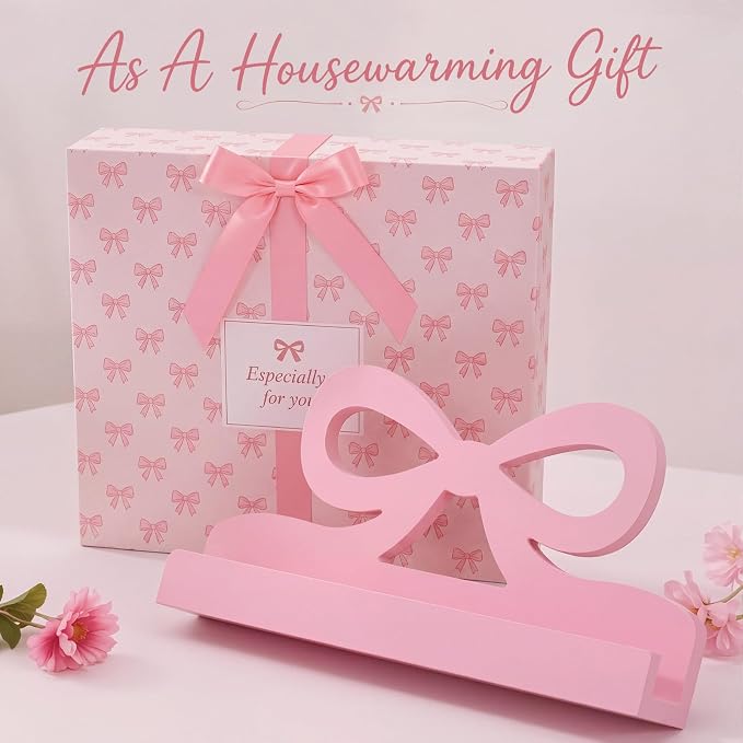 Hushee Pink Bow Cookbook Stand for Kitchen Counter Solid Wood Recipe Book Holder Coquettish Kitchen Decor Pink Countertop Book Holder Rack for Recipes Housewarming Gift, 18.7x8.7 Inch