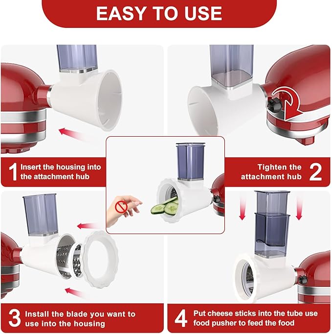 Upgraded Version - Cheese Grater Slicer Shredder Attachments for All KitchenAid Stand Mixers, Food Slicers Salad Maker Accessory Vegetable Chopper with 4 Blades Dishwasher Safe
