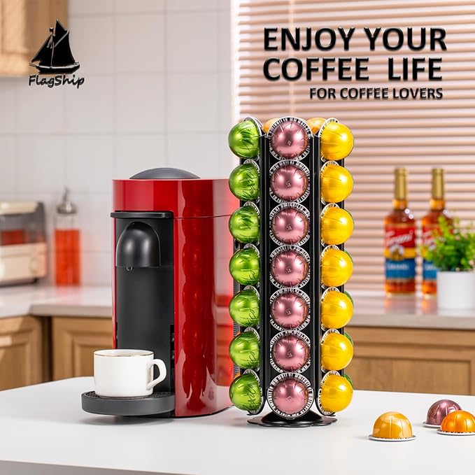 FlagShip for Nespresso Vertuo Pod Holder 360 Degrees Revolving Vertuo Pod Carousel Extra Storage Space,Coffee Pod Stand Black Metal(56+ Pods Capacity)