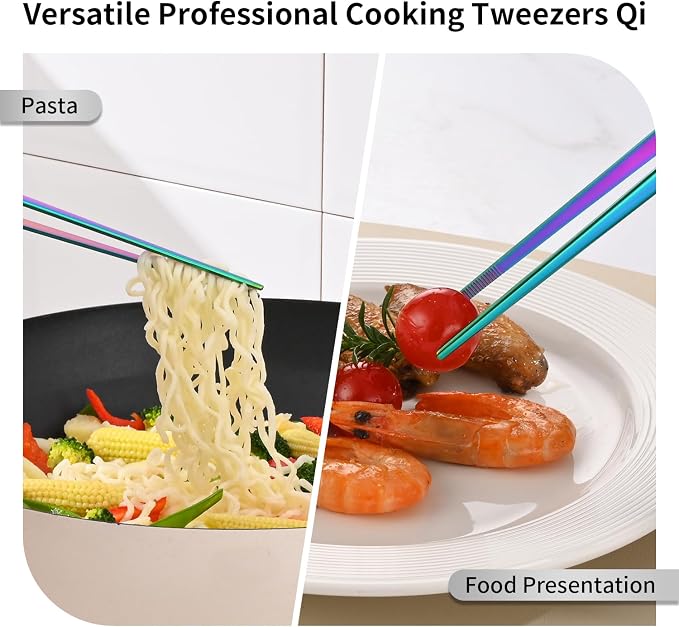 12 Inch Metal Chef Tweezers For Cooking, Rainbow Stainless Steel Cooking Tongs Set Of 2, Colorful Pickle Grabber, Long Pasta Tongs