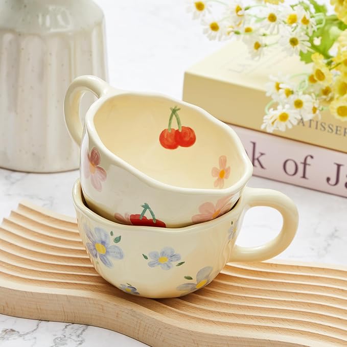 Vesici 2 Pcs Ceramic Coffee Mugs with Spoon, Vintage Floral Spring Mugs with Handle, 8.5 oz Aesthetic Flower Porcelain Tea Cup Set, Dishwasher & Microwave Safe Mothers Day Gifts for Mom(Lovely)