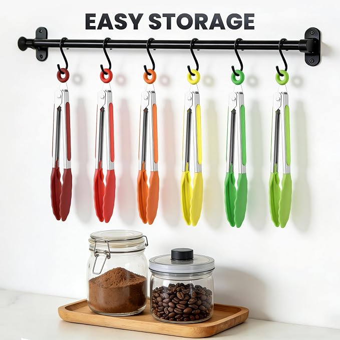7-Inch Silicone Tongs Pack of 6, Small Stainless Steel Tongs with Silicone Tips for Cooking, Serving, BBQ, Grilling, Salad, Buffet, Party (7", 6PCS, Colorful)
