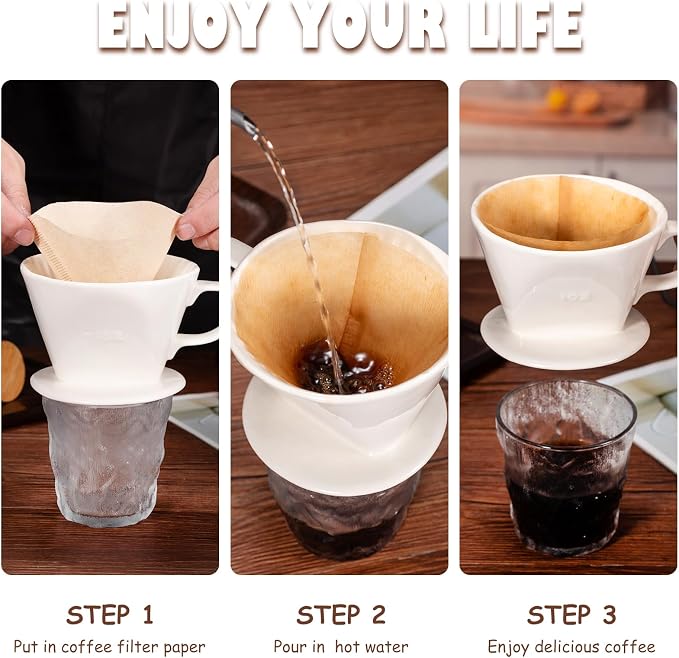 Pour Over Coffee Dripper, Ceramic Pour Over Coffee Maker with 3 Holes Flat Bottom, Easy Manual Brew Maker, Porcelain Slow Filter Cone for Travel, Camping, Office, Home, White
