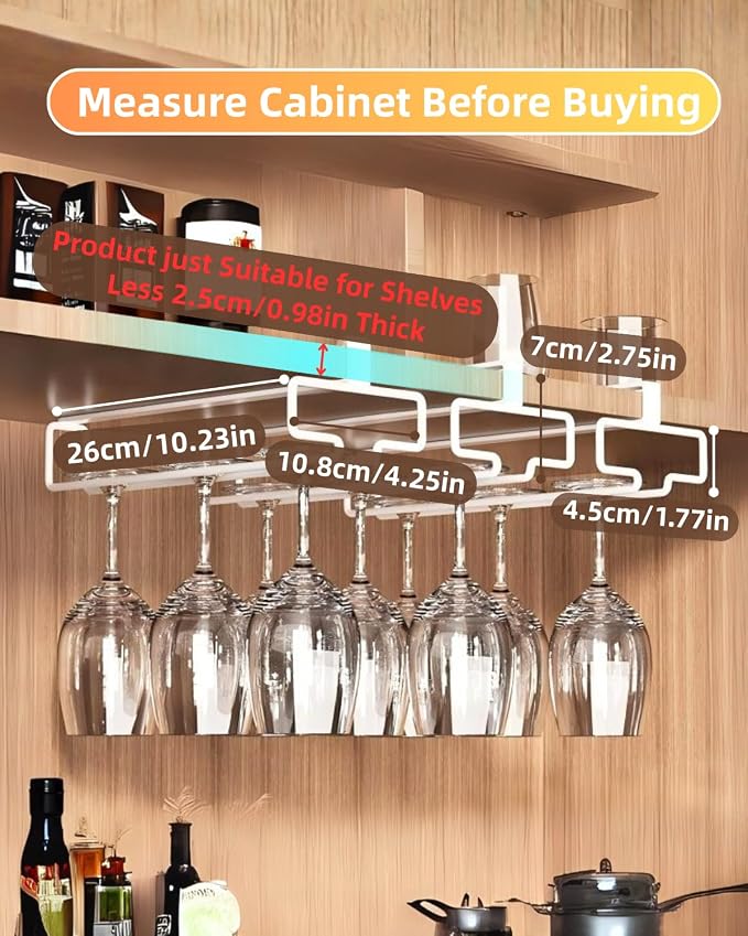 LINFIDITE 2 Pack Wine Glass Holder Stemware Rack Hanger Under Cabinet Wine Glass Rack Kitchen Hanging Storage Rack Organizer,White(For Partition Thickness under 0.98")