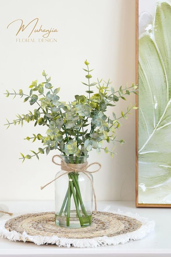 Muhanjia Artificial Eucalyptus Stems in Glass Vase with Faux Water,7Pcs Fake Plant for Centerpiece Bathroom Farmhouse Room Home Decor (Sage Green Eucalyptus)