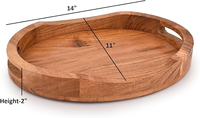 Tray Acacia Wood Oval Large Tray with Handle Food Serving Trays for Living Room Home Dining Table (14" X 11" X 2")