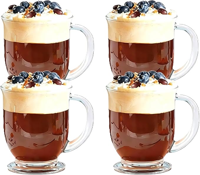 Set of 4 Clear Glass Coffee Mugs,16 OZ Large Beer Cups,Diner Coffee Cup with Handle Bottom is Circular Mug for Men and Women for Hot Beverages,Tea, Cappuccino, Latte, Espresso, Juice Mothers Gifts