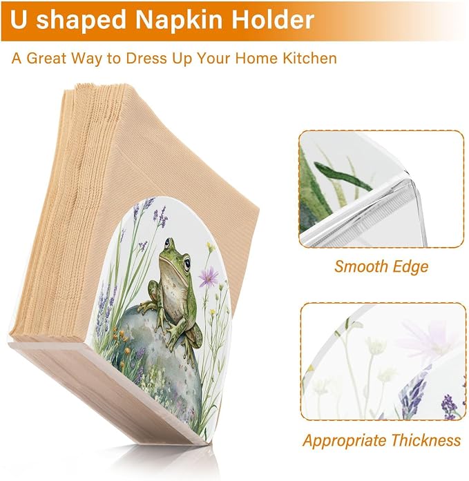 Fustylead Rustic Frog with Lavender and Pink Floral Napkin Holder for Table Acrylic Cocktail Napkin Holders Small Decorative Napkin Dispenser for Home Party Holiday Dining Kitchen Accessories, 2 PC