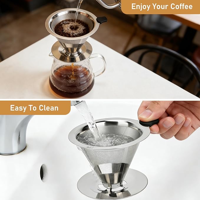 Pour Over Coffee Dripper, Reusable Cone Stainless Steel Coffee Filter, Double Layer Fine Mesh Paperless Coffee Maker with Coffee Spoon and Cleaning Brush for 3–4 Cups
