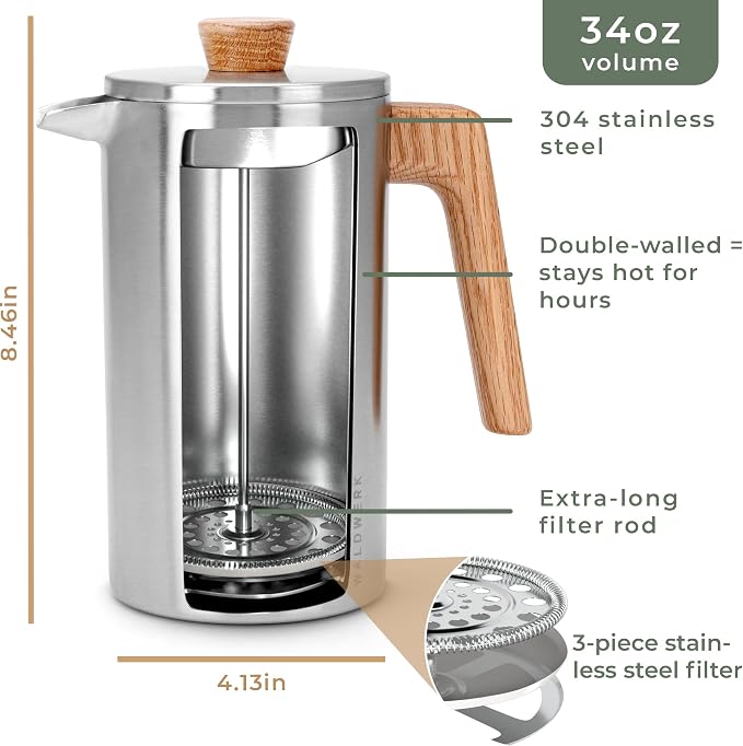 WALDWERK French Press (34 oz) - Non-Toxic Stainless Steel Double Wall French Press Coffee Maker - Plastic Free Coffee Press with Oak Wood Handle - No Plastic