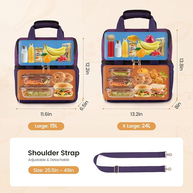 LOVEVOOK Insulated Lunch Bag For Women,X Large Double Deck Adult Lunch Box,Teacher Lunch Tote Bag With Cup Holder,Leakproof Cooler Bag With Adjustable Shoulder Strap For Work Picnic Beach,Larger 24L