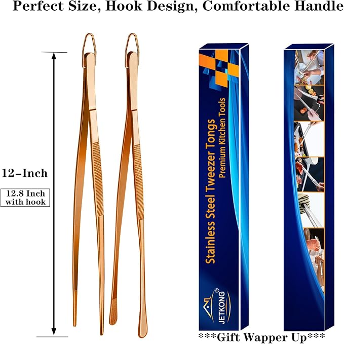 JETKONG 2 Pcs 12-Inch Kitchen Tweezers Cooking Tweezer Tongs Stainless Steel Long Food Tweezers (Rose Gold)