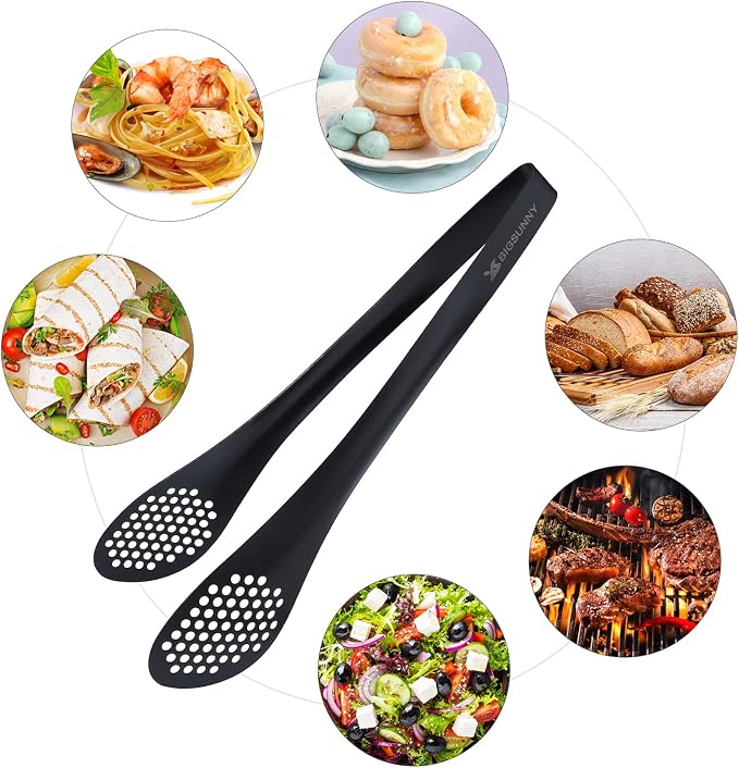 MSY BIGSUNNY Stainless Steel Buffet Tongs - Heavy Duty Kitchen Food Tong for Cooking and Serving (Black - 11" Serving Tongs)
