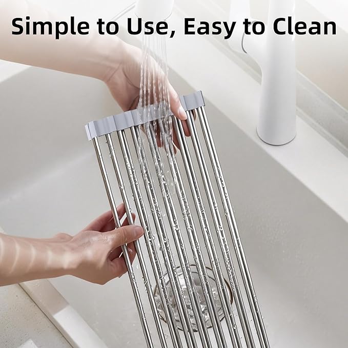 Over Sink Dish Drying Rack, 17" L x 11.8" W, Roll Up Dish Drying Rack for Kitchen, Gray