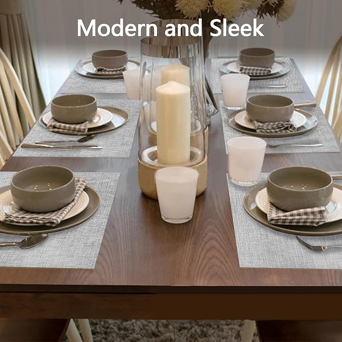 DACHUI Placemats Set of 6, Linen Look Woven Place Mats, Water Resistant, Heat Resistant, Washable, Durable Table Mats (Smoky Grey)