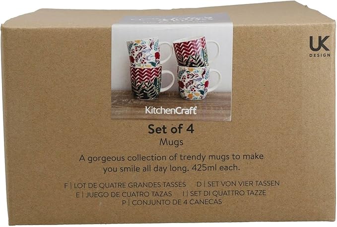 KitchenCraft KCMBAREXFL4PC Coffee Mug Set, Porcelain