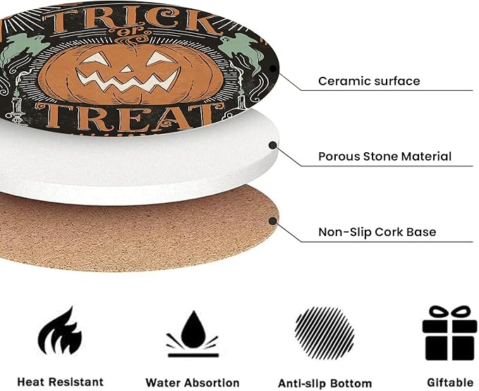 Halloween Scaredy Cat Pumpkin Skeleton Coasters for Drinks Set of 6,Round Absorbent Ceramic Stone Coaster with Metal Holder Stand,Vintage Halloween Coasters with Cork Base for Parties,Gifts
