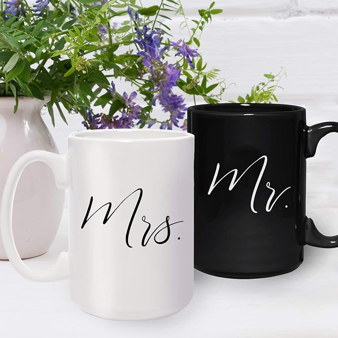 Canopy Street Mr And Mrs Matching Mugs / 2 Jumbo 15 Ounce White And Black Ceramic Mugs/Elegant Coffee Cup Gift Set/One Black Mug And One White Mug