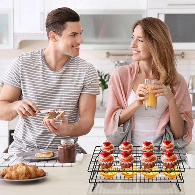 13.4" × 9.4" Stackable Cupcakes Cooling Racks – 2-Pack Nonstick Carbon Steel Baking Racks with Collapsible Legs, Cooking Rack Perfect for Cooking, Roasting, Grilling, Drying & Cooling Cookies