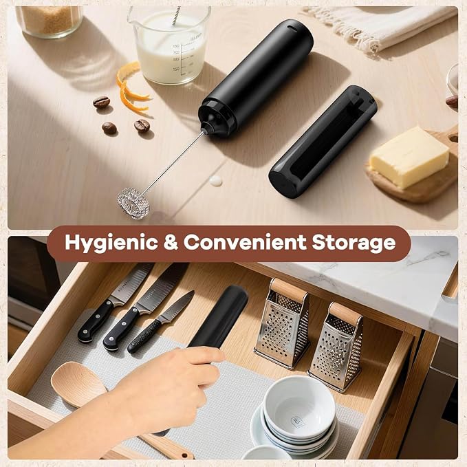 Rechargeable Milk Frother, Handheld Coffee Frother Wand Drink Mixer with Cover, Electric Whisk Coffee Mixer for Matcha Lattes Cappuccino