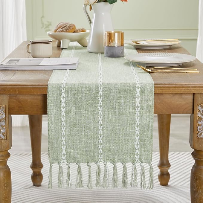 Wracra Rustic Linen Table Runner Farmhouse Style Table Runners 72 inches Long Embroidered Table Runner with Hand-Tassels for Party, Dresser Decor and Dining Room Decorations (Desert Sage, 13"×72")