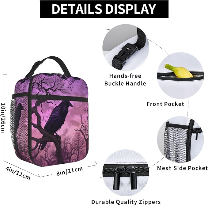 Gothic Raven Forest Lunch Bag for Women Men Adults, Insulated Lunch Box for Work, Sports, Travel, Picnic, Hiking, Fishing, Dark Purple Crow Theme Lunchbox Gifts