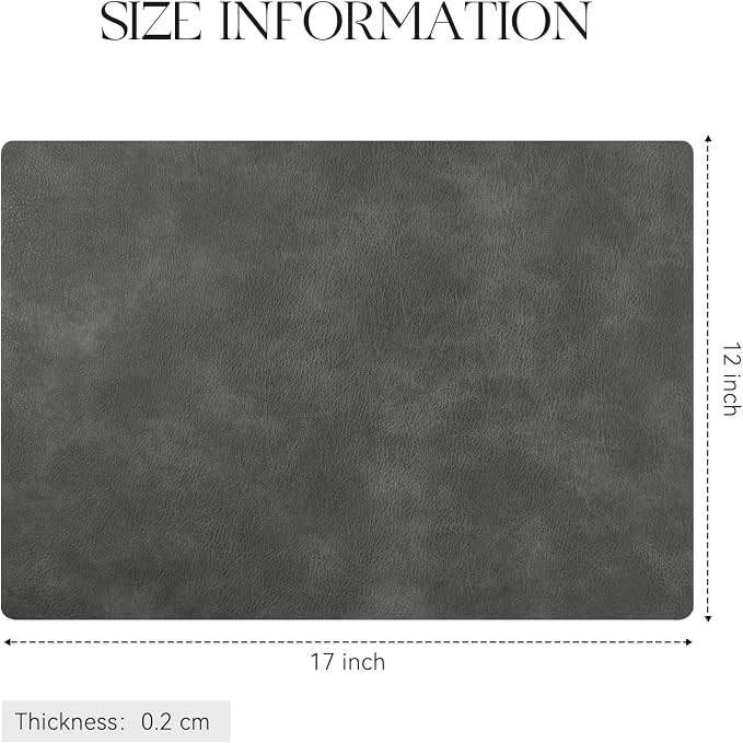 MOSAYT Vinyl Placemats Set of 8-12 X 17 Inch - Faux Leather 100% Waterproof Oil-Proof Wipeable PU Place Mats, Heat Resistant Reversible Table Mats for Kitchen, Dining, Outdoor, Dark Grey