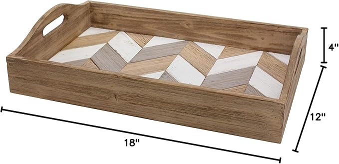 Stonebriar Decorative Rectangle Multicolor Chevron Wood Tray with Handles, 18" x 12"
