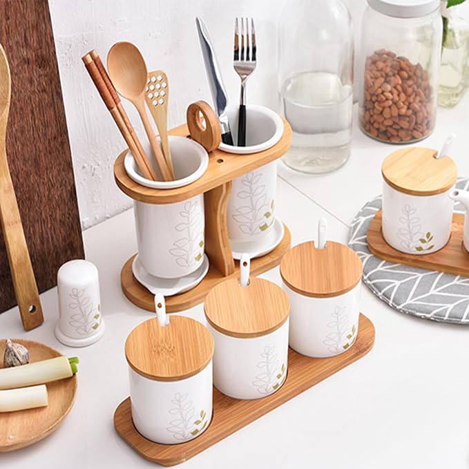 Dxcaicc Kitchen Utensil Holder for Countertop, Ceramic Silverware Caddy with Wooden Rack,Rustic Flatware Holder with Drain Tray,for Spoon, Fork, and Knife