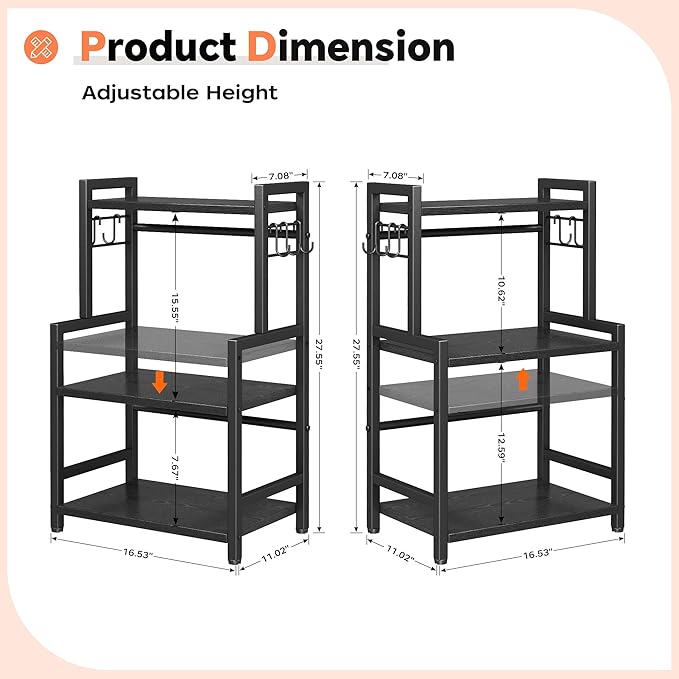 Kitchen Countertop Organizer, 3 Tier Large Spice Rack Organizer with Adjustable Shelf and 5 Hooks, Wooden Counter Organizer, Space Saving Countertop Shelf Microwave Stand for Kitchen,Coffee Bar,Black