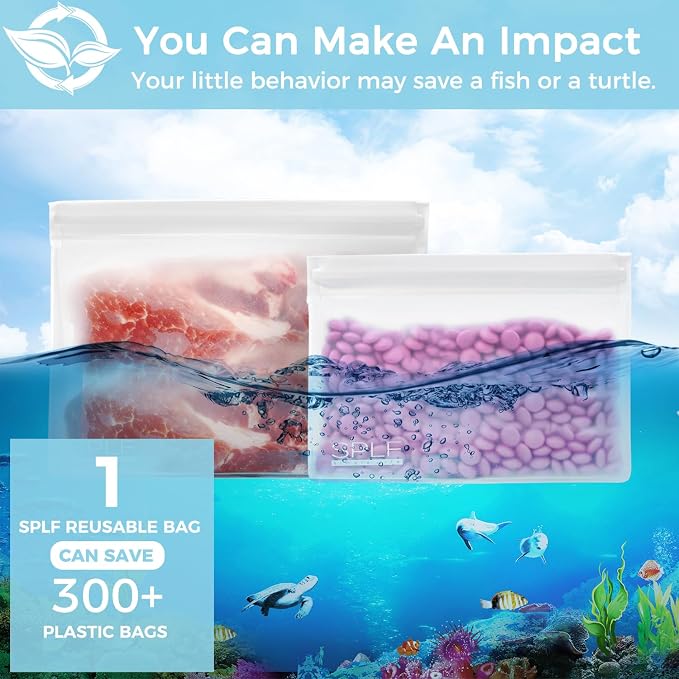 SPLF 8 Pack Dishwasher Safe Reusable Storage Bags (4 Half Gallon Freezer Bags, 4 Quart Sandwich Snack Bags), BPA FREE Stand Up Extra Thick Leakproof Silicone and Plastic Free Zipper Lunch Food Bags