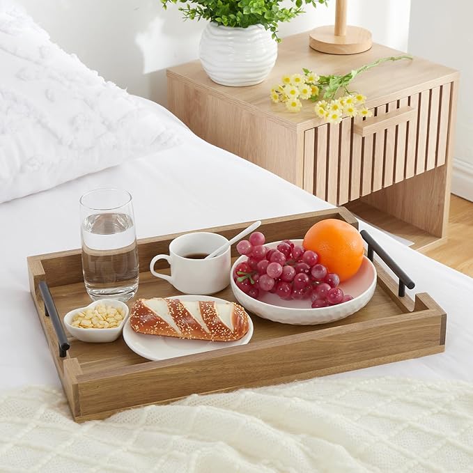 GarveeHome Acacia Serving Tray with Metal Handles, 17 in Wood Serving Tray for Coffee Table Liquor Bar, Coffee Serving Tray Toiletry Platter, Storage Tray for Ottoman Kitchen Bedroom Bathroom