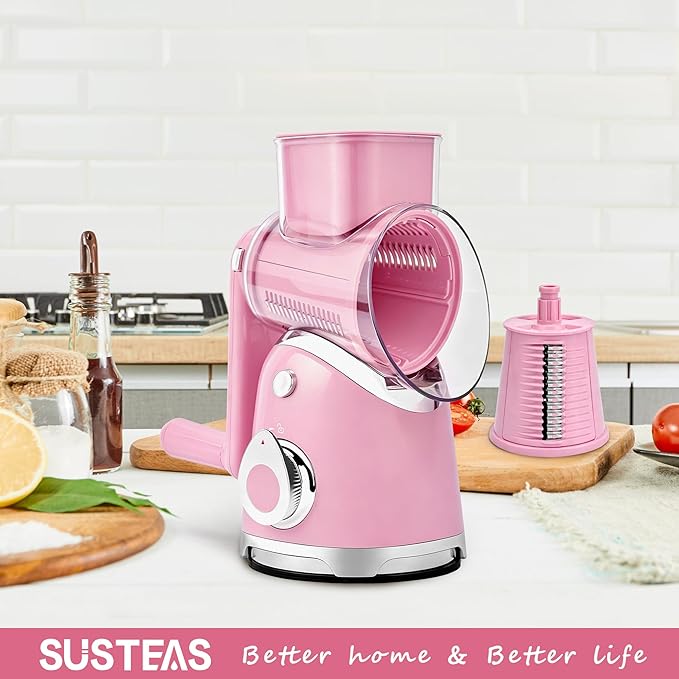 SUSTEAS Rotary Cheese Grater with Handle,Vegetable Slicer with 6 Interchangeable Blades, Reinforced Suction,Easy to Clean,Kitchen Shredder for Crushed Ice,Fruits and Nuts with Blade Storage Case,Pink