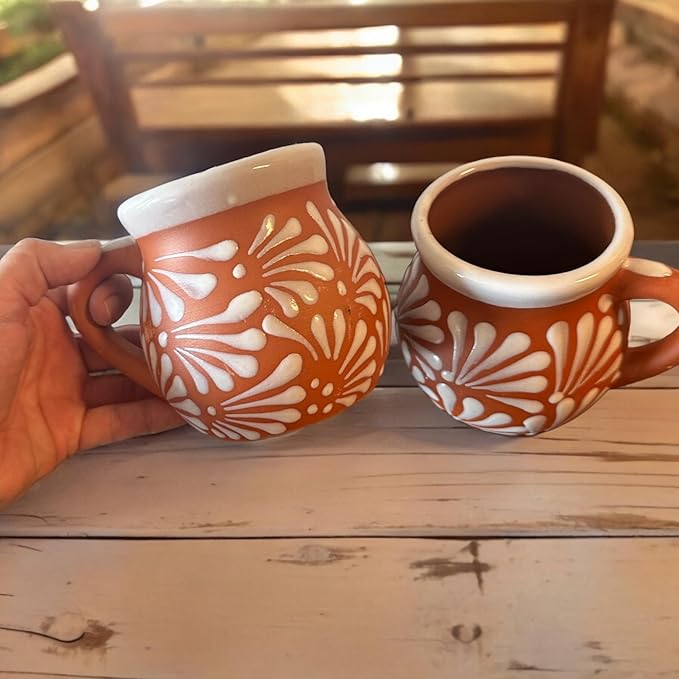 Generic Set of 2 Mexican Pottery Mugs - White Terracotta Design, 12 oz Clay Taza, Large