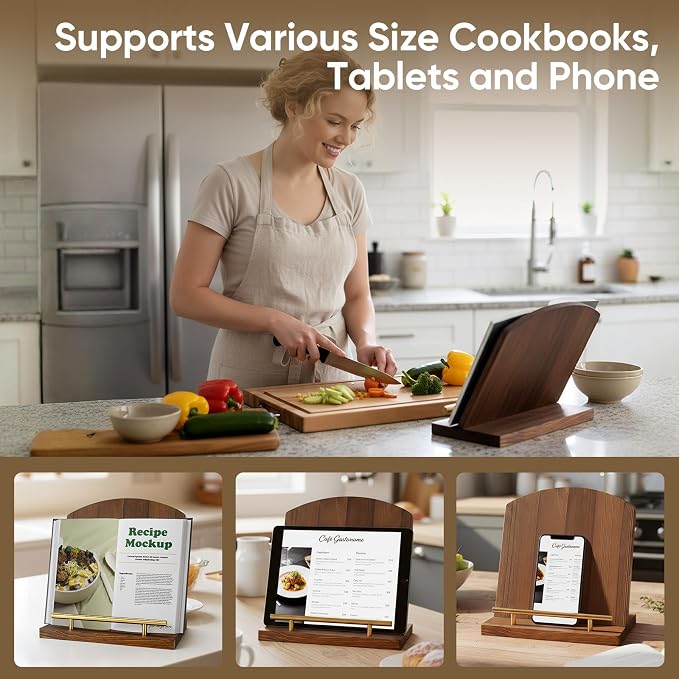 Beautiful Wooden Cookbook Stand for Kitchen Counter, TAQIXI 2 in 1 Recipe Book Holder, Charcuterie Board & Kitchen Serving Tray, Rustic Cook Book Holder Stand for Kitchen (Brown)