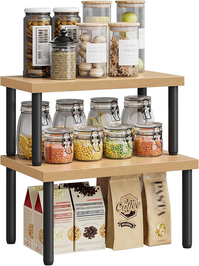 HOOBRO Cabinet Organizer Shelf, kitchen countertop organizer, Kitchen Storage, Spice Rack for cabinet, Stackable, Expandable, for Countertop,kitchen,cabinet, Black and Natural BN15TL01