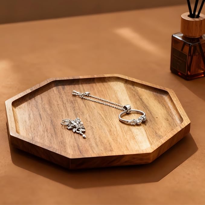 2 Pieces Wood Decorative Trays, Acacia Candle Holder Plate for Centerpiece, Octagonal Serving Tray Appetizer Board for Home, Living Room, Bathroom, Kitchen