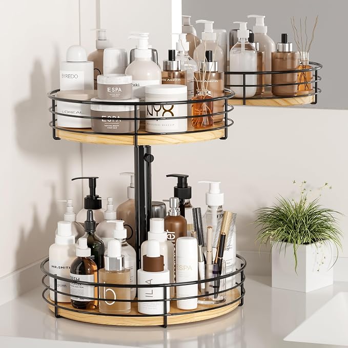 2 Tier Lazy Susan Spice Rack Organizer, Rotating Turntable, Black | Height Adjustable, Wood, 12 Inch, For Cabinet Dining Table Kitchen Bathroom Countertop